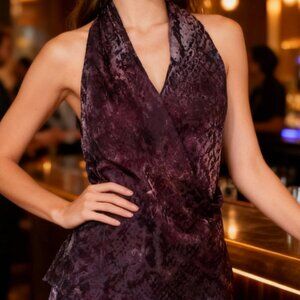 NEW ZARA Burnt Out Velvet Halter Top Blouse V Crossover Purple Silver Tones Boho